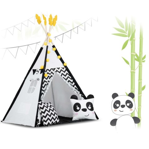 Namiot tipi dla dzieci z girlandą i światełkami Nukido biało czarny z pandą Namiot tipi dla dzieci z girlandą i światełkami Nukido biało czarny z pandą