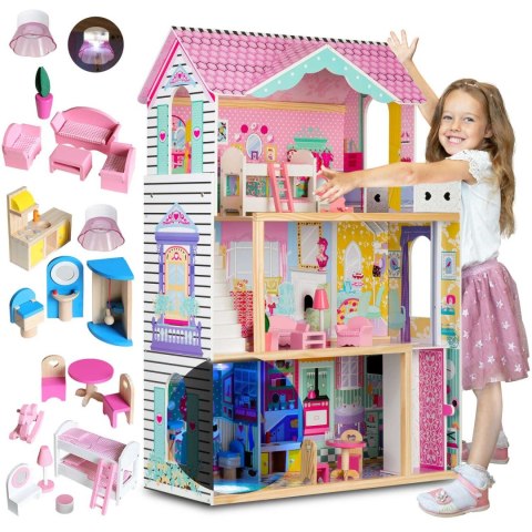 Drewniany domek dla lalek duży 3-piętrowy z windą i lampką LED Drewniany domek dla lalek duży 3-piętrowy z windą i lampką LED